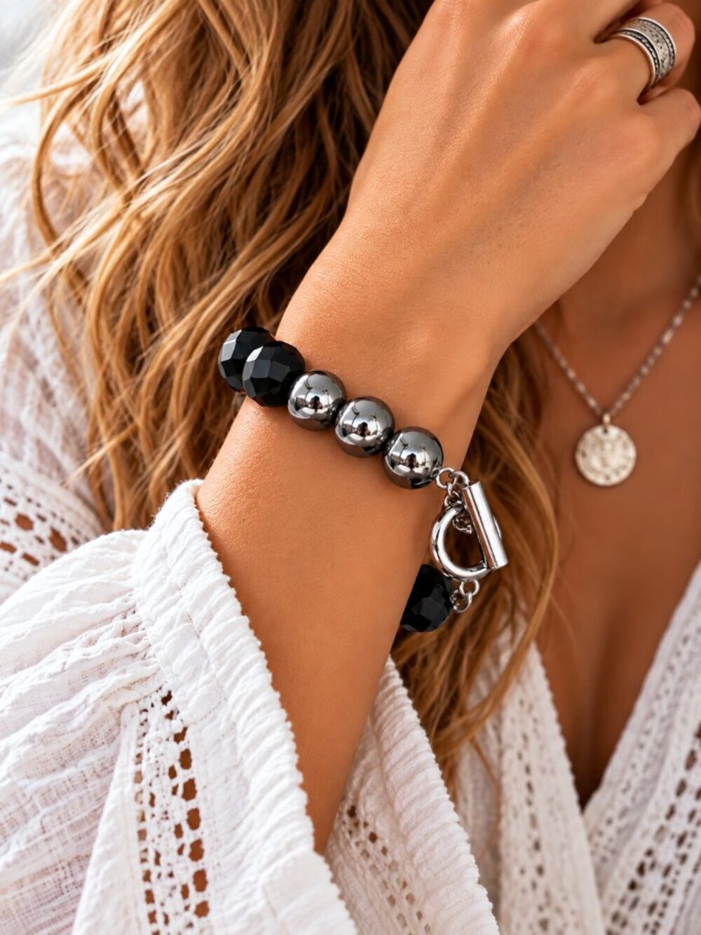 Silver Chrome and Jet Black Bead Bracelet Retro Vibe Chunky Statement New